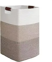 Laundry basket, large laundry basket, decorative cotton rope woven basket, cotton woven storage basket with leather handles for living room, bedroom, blankets, clothes (White brown)