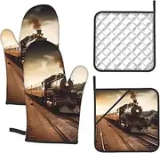 4 pcs Oven Mitts and Pot Holders Set 500°F Heat Resistant Oven Gloves and Hot Pads Kitchen Mittens Train and Railway Cooking Gloves Potholders for Baking Grilling