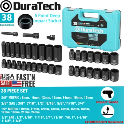 DURATECH 38PC 1/2" 3/8" Drive Deep Impact Socket Set 6 Point Metric SAE Sockets