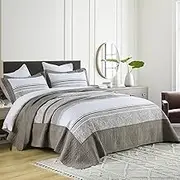 QuiltMuse Oversized King Bedspreads 128x120-100% Cotton Lightweight California King Quilt with 2 Pillowshams, Modern Striped Extra Wide Quilted Bedspread Coverlet for All Season, Brown