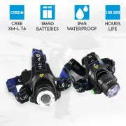 2x Headlight LED Torch XM-L T6 Zoomable Headlamp Rechargeable 18650 Batteries