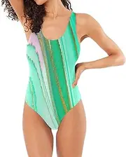 [RPLIFE] Green Marble Ladies Bathing Suit, Open Back One-Piece Swimsuit Petite Swimsuits for Women