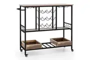 Costway 3-Tier Bar Cart Mobile Drinks Trolley Wine Rack Glasses Holder Kitchen Serving Grey