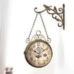 跨境復古創意雙面掛鐘簡約鐵藝時鐘客廳裝飾雙面掛鐘鐵藝鐘錶時尚