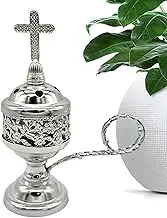 Metal Incense Burner,Burning Incense with Metal Cross - Small Silver Charcoal Incense Burner Catholic Cross Censer Brass Plated Distiller for Church and