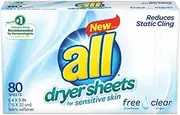 all Fabric Softener Dryer Sheets for Sensitive Skin, Free Clear, 80 Count