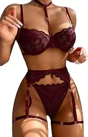 Lilosy Sexy Choker Floral Lace Underwire Push Up Garter Belt Lingerie Set for Women Sheer Bra and Panty 3 Piece