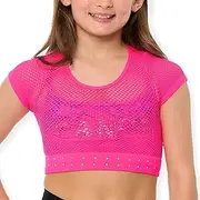 [Malibu Sugar] Girls Short Sleeve Mesh Crop Top with Sparkling Rhinestones - Breathable Dance Style Mesh Top for Girls Age 7-14, Neon Fuchsia, One Size
