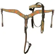 Floral Tooled Teal Underlay Browband Headstall & Breast Collar & Reins NEW