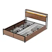 Artiss Metal Bed Frame Double Size with Storage Headboard & Drawers Built in Charging Station & LED