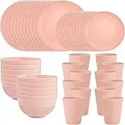 LIYH 48 Pcs Pink Wheat Straw Dinnerware Set, Plastic Plates and Bowls Dinnerware Set, Camping Dish Set for 12, Dishwasher Safe,Unbreakable Plates Reusable, Camper Dish Sets Tableware