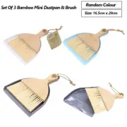 Set Of 3 Bamboo Mini Dustpan & Brush Set Indoor Outdoor Home Cleaning Sweeping