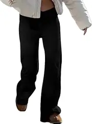 [Generic] Women's Casual Loose Drawstring Solid Color Bell Bottom Pants Y2K Low Waist Straight Leg Pants and Ankle Leggings