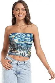 [RPLIFE] Starry Night Christmas Tree Womens Tube Top, Going Out Crop Top, Mesh Tube Tops, Sexy Tube Tops (S)