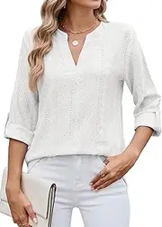 [KEOYA] Women's 3/4 Sleeve T-Shirt V-Neck Loose Blouse Embroidery Button Shirts