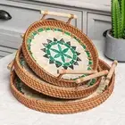 3 Pieces Rattan Serving Tray Rustic with Handles for Tea Home Serving Dinner