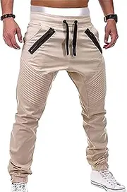 [JEShifangjiusu] Mens Drawstring Elastic Track Pant with 2 Zipped Pockets Quick Dry Joggers Stylish Solid Color Tapered Pants (Apricot,XX-Large)