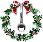 [FLOGWE] VERAMI 14G Stainless Steel Christmas Wreath Belly Button Rings Christmas CZ Belly Button Barbell Rings Body Piercing Jewelry for Women