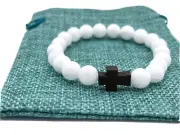 White JADE Beaded Adjustable Stretch Bracelet w/Wooden Cross & Poem 8mm IB