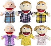 Hand Puppets Family of 6 - Human People Glove Toy with Moving Mouth - Soft Plush Mum, Dad, Boy, Girl & Grandparents for Creative Play & Puppet Theatres