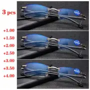 3 PCS Rimless Reading Glasses Men's Black Plastic Frame +1.00 +1.50 to +4.00