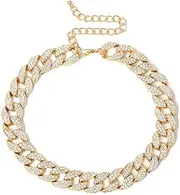 [Ingemark] Shiny CZ Rhinestone Curb Cuban Link Chain Choker for Women Unisex Cool Hip Hop Miami Cuban Diamond-Cut Chain Choker Necklace