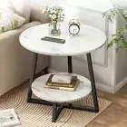 2-Tier Coffee Table Faux Marble with Shelf Modern Black Finished Metal Frame
