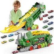 Dinosaur Truck Toy for Kids, Transforms into Triceratops with Race Track Set, City Dinosaur Transporter with 12 Cars, Birthday Gifts for Boys Ages 3-8