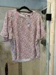 Ann Taylor Red White Purple Flutter Sleeve short sleeve top L New Nwt