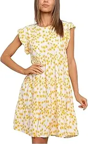 [SHINsuke] Women Cute Summer Flare Sleeve Floral Mini Dress, Yellow Casual Round Neck Loose Ruffle Short A-Line Swing Dress Spring