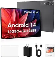 weelikeit Tablet 10.95 inch, Android 14 Tablets, 14GB(6+8) RAM 128GB ROM, Octa-Core Processor, 1200x1920 IPS FHD Incell Screen, GPS, WiFi, 5MP+13MP Dual Camera, Bluetooth, 7000mAh Battery (Gray)
