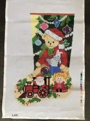 Santa Near & Toys Needlepoint Stocking Handpainted Canvas Lee