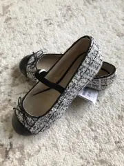 New Zara Girls Tweed Faux Leather Cap Toe Ballet Flats Shoes Size 12.5 30