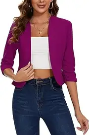 [LADI TREND] Womens Cropped Blazer 3/4 Ruched Sleeve Collarless Blazers Open Front Casual Work Office Cardigan Suit Jacket