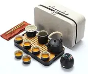 Adult Tea Set, Japanese Tea Set, Porcelain Tea Set, Complete Tea Set, 6 Tea Cups, Portable Kung Fu Tea Set, Ladies, Men Tea Lovers(Pumpkin Black)