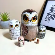 Miniature Owls Nesting Doll 5 pcs 4” Collectible Art Wooden Matryoshka Owl Decor