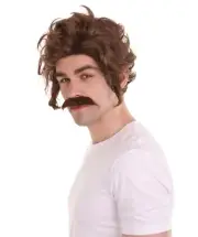 Men Brown Wig with Moustache Set Cosplay Wig Premium Breathable Cap HM-453A