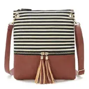 Stripe Crossbody Purse, Canvas + Faux Leather Crossover Shoulder Bag- Black with Brown