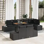 Black Poly Rattan Patio Dining Set with Cushions, Outdoor Lounge Sofa, Garden Chair for Reading, Balcony Couch and Rest Area - 9 Piece