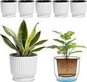 T4U Plastic Self Watering Planter, 6 Inch Long Term Water Storage Plant Pot/Macaron-Colored Flower Pots Outdoor Indoor Yard Garden Home Decoration, Large Size - Set of 6,White