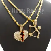 Hip Hop Iced CUPID BOW AND ARROW & BROKEN HEART Pendant 24" Rope Chain Necklace