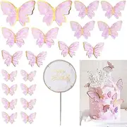 Paifeancodill Butterfly Cake Toppers, 20 Pcs 3D Cupcake Toppers & 1 Pcs Happy Birthday Metal Gold Cake Topper for Women's Birthday Party Decorations (Pink)