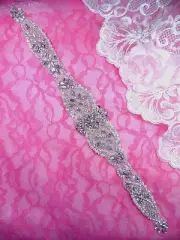 XR329 Bridal Sash Motif Silver Beaded Crystal Rhinestone Applique w/Pearl 15.75"