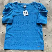 Anne Klein Blue Eyelet Blouse Size Small Short Sleeve Top Stretchy