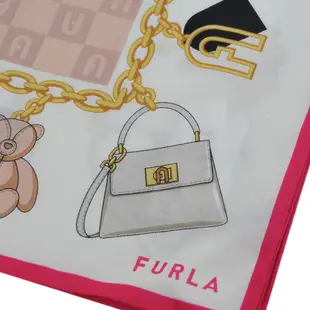 FURLA 日本製品牌經典包包鍊條圖騰字母LOGO絲質大帕領巾(桃粉紅/白色系)