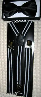 Solid Black Adjustable Bow Tie & Black/White Stripes Adjust Suspenders Combo-New