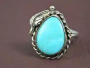 Vintage Light Sky Blue Turquoise Teardrop Shape Ring with Leaf Embellishment.