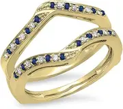 [Dazzlingrock Collection] 14K Gold Round Blue Sapphire & White Diamond Ladies Anniversary Wedding Band Enhancer Guard Double Ring
