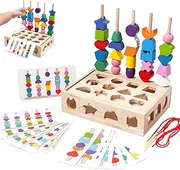 1 Set Wooden Lacing Beads, Stacking Block Toy with 16 Double-Sided Cards, 2 Strings & 25 Color Beads, Matching Shape Toys for Kids 3+ Gift