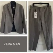 New! Zara Man Tan Gray Check Blazer Trouser 2 Piece Pants Suit NWT 20734